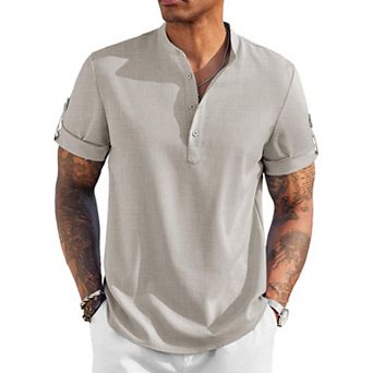 COOFANDY Men's Casual Henley Shirt Short Sleeve Band Collar Linen Shirt Summer Beach T-Shirts
