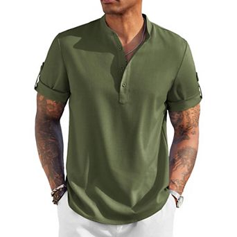 COOFANDY Men's Casual Henley Shirt Short Sleeve Band Collar Linen Shirt Summer Beach T-Shirts