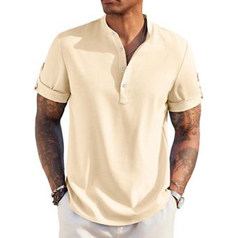 COOFANDY Men's Casual Henley Shirt Short Sleeve Band Collar Linen Shirt Summer Beach T-Shirts