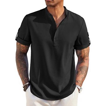 COOFANDY Men's Casual Henley Shirt Short Sleeve Band Collar Linen Shirt Summer Beach T-Shirts