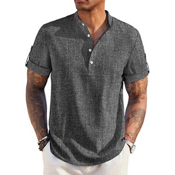 COOFANDY Men's Casual Henley Shirt Short Sleeve Band Collar Linen Shirt Summer Beach T-Shirts