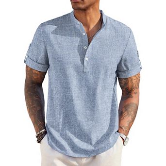 COOFANDY Men's Casual Henley Shirt Short Sleeve Band Collar Linen Shirt Summer Beach T-Shirts