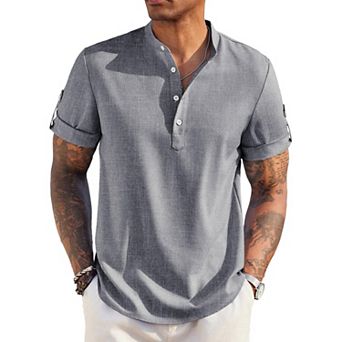 COOFANDY Men's Casual Henley Shirt Short Sleeve Band Collar Linen Shirt Summer Beach T-Shirts