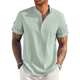 COOFANDY Men's Casual Henley Shirt Short Sleeve Band Collar Linen Shirt Summer Beach T-Shirts