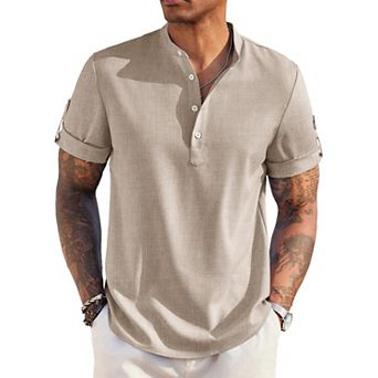 COOFANDY Men's Casual Henley Shirt Short Sleeve Band Collar Linen Shirt Summer Beach T-Shirts