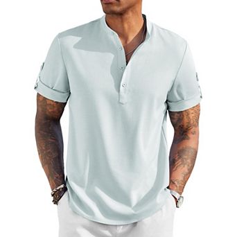 COOFANDY Men's Casual Henley Shirt Short Sleeve Band Collar Linen Shirt Summer Beach T-Shirts