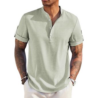COOFANDY Men's Casual Henley Shirt Short Sleeve Band Collar Linen Shirt Summer Beach T-Shirts