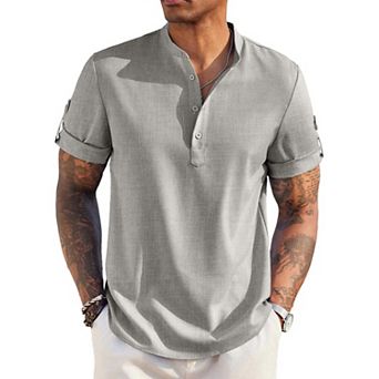 COOFANDY Men's Casual Henley Shirt Short Sleeve Band Collar Linen Shirt Summer Beach T-Shirts