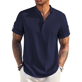 COOFANDY Men's Casual Henley Shirt Short Sleeve Band Collar Linen Shirt Summer Beach T-Shirts
