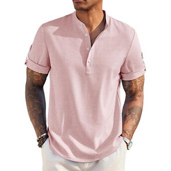 COOFANDY Men's Casual Henley Shirt Short Sleeve Band Collar Linen Shirt Summer Beach T-Shirts