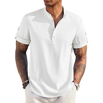 COOFANDY Men's Casual Henley Shirt Short Sleeve Band Collar Linen Shirt Summer Beach T-Shirts