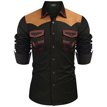 COOFANDY Mens Shirt Western Cowboy Embroidered Long Sleeve Slim Fit Casual Cotton Button Down
