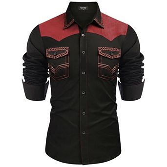 COOFANDY Mens Shirt Western Cowboy Embroidered Long Sleeve Slim Fit Casual Cotton Button Down