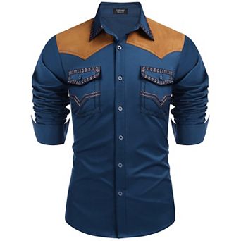 COOFANDY Mens Shirt Western Cowboy Embroidered Long Sleeve Slim Fit Casual Cotton Button Down