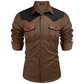 COOFANDY Mens Shirt Western Cowboy Embroidered Long Sleeve Slim Fit Casual Cotton Button Down