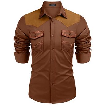 COOFANDY Mens Shirt Western Cowboy Embroidered Long Sleeve Slim Fit Casual Cotton Button Down