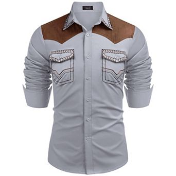COOFANDY Mens Shirt Western Cowboy Embroidered Long Sleeve Slim Fit Casual Cotton Button Down