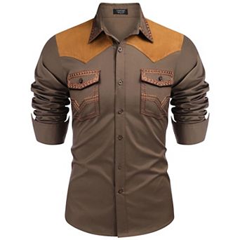 COOFANDY Mens Shirt Western Cowboy Embroidered Long Sleeve Slim Fit Casual Cotton Button Down