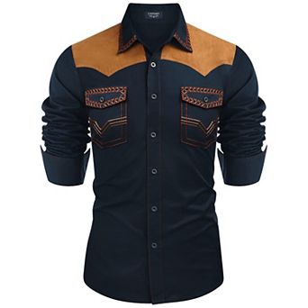 COOFANDY Mens Shirt Western Cowboy Embroidered Long Sleeve Slim Fit Casual Cotton Button Down