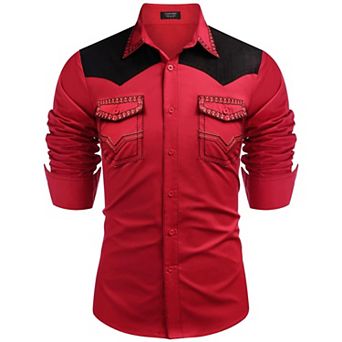 COOFANDY Mens Shirt Western Cowboy Embroidered Long Sleeve Slim Fit Casual Cotton Button Down