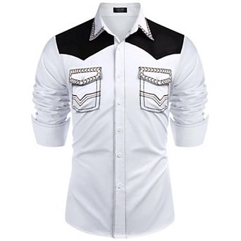 COOFANDY Mens Shirt Western Cowboy Embroidered Long Sleeve Slim Fit Casual Cotton Button Down