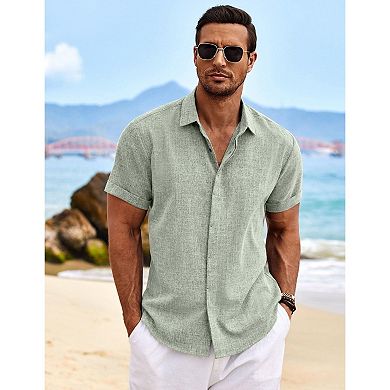 COOFANDY Men's Linen Shirts Short Sleeve Casual Shirts Button Down Shirt for Men Beach Summer