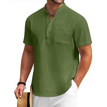 COOFANDY Mens Cotton Linen Henley Shirt Casual Short Sleeve Tropical Shirts Beach T-Shirts