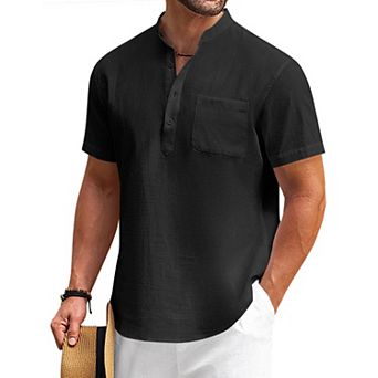 COOFANDY Mens Cotton Linen Henley Shirt Casual Short Sleeve Tropical Shirts Beach T-Shirts