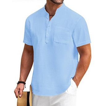COOFANDY Mens Cotton Linen Henley Shirt Casual Short Sleeve Tropical Shirts Beach T-Shirts