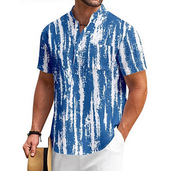 COOFANDY Mens Cotton Linen Henley Shirt Casual Short Sleeve Tropical Shirts Beach T-Shirts