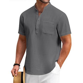 COOFANDY Mens Cotton Linen Henley Shirt Casual Short Sleeve Tropical Shirts Beach T-Shirts