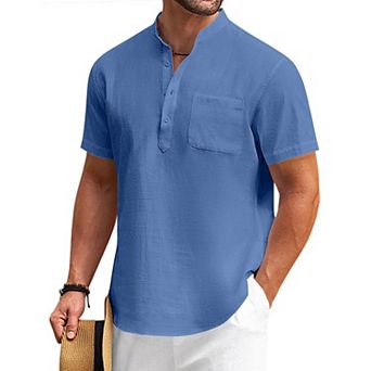COOFANDY Mens Cotton Linen Henley Shirt Casual Short Sleeve Tropical Shirts Beach T-Shirts