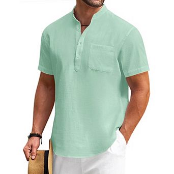 COOFANDY Mens Cotton Linen Henley Shirt Casual Short Sleeve Tropical Shirts Beach T-Shirts