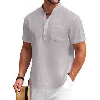 COOFANDY Mens Cotton Linen Henley Shirt Casual Short Sleeve Tropical Shirts Beach T-Shirts