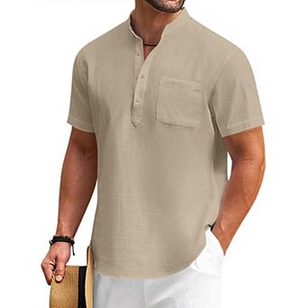 COOFANDY Mens Cotton Linen Henley Shirt Casual Short Sleeve Tropical Shirts Beach T-Shirts