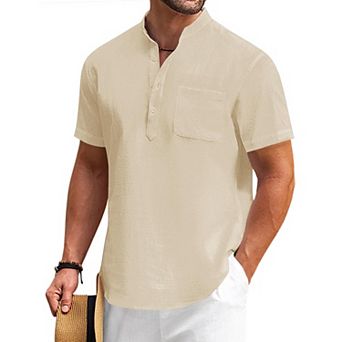 COOFANDY Mens Cotton Linen Henley Shirt Casual Short Sleeve Tropical Shirts Beach T-Shirts