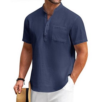 COOFANDY Mens Cotton Linen Henley Shirt Casual Short Sleeve Tropical Shirts Beach T-Shirts