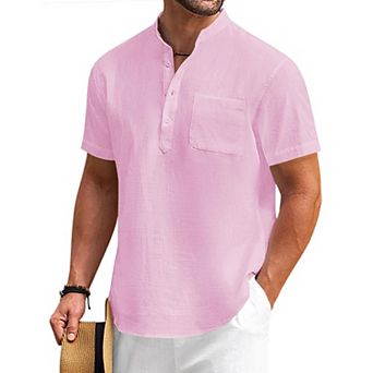 COOFANDY Mens Cotton Linen Henley Shirt Casual Short Sleeve Tropical Shirts Beach T-Shirts