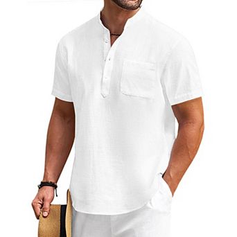 COOFANDY Mens Cotton Linen Henley Shirt Casual Short Sleeve Tropical Shirts Beach T-Shirts
