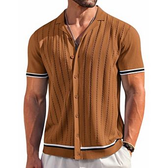 COOFANDY Mens Button Up Short Sleeve Knit Shirt Resort Wear for Men Vintage Old Money Shirt