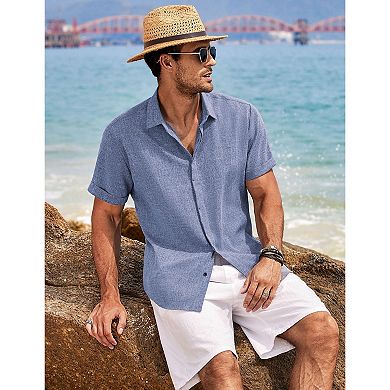 COOFANDY Men's Linen Shirts Short Sleeve Casual Shirts Button Down Shirt for Men Beach Summer