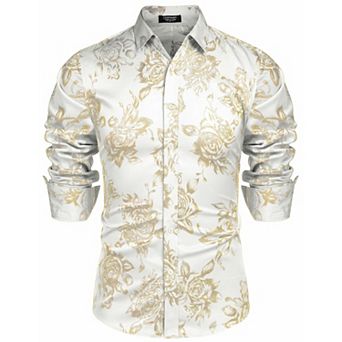 COOFANDY Mens Gold Rose Printed Hipster Slim Fit Dress Shirt