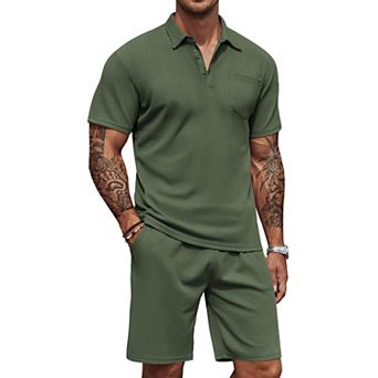 COOFANDY Men's Waffle Knit Polo Shirt and Shorts Set 2 pc Outfits Summer Suit Casual Tracksuit