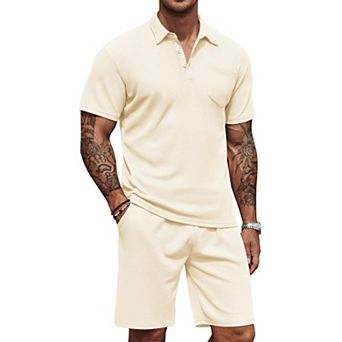 COOFANDY Men's Waffle Knit Polo Shirt and Shorts Set 2 pc Outfits Summer Suit Casual Tracksuit