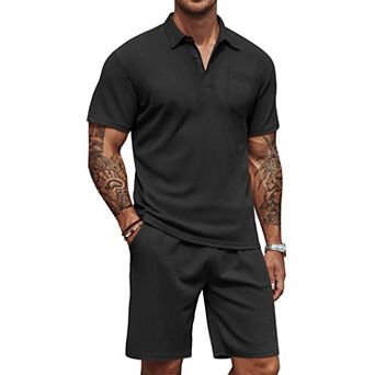 COOFANDY Men's Waffle Knit Polo Shirt and Shorts Set 2 pc Outfits Summer Suit Casual Tracksuit