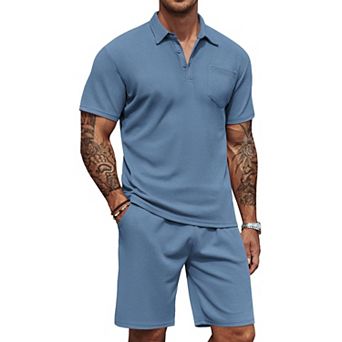 COOFANDY Men's Waffle Knit Polo Shirt and Shorts Set 2 pc Outfits Summer Suit Casual Tracksuit