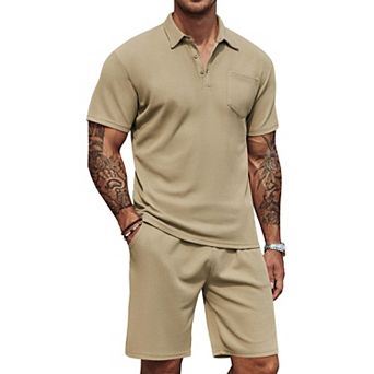 COOFANDY Men's Waffle Knit Polo Shirt and Shorts Set 2 pc Outfits Summer Suit Casual Tracksuit