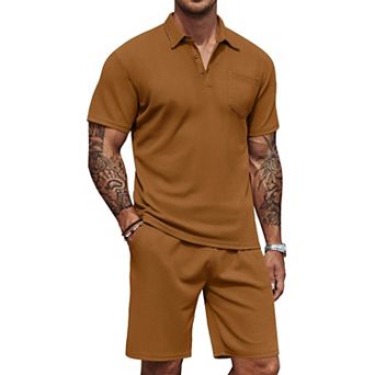 COOFANDY Men's Waffle Knit Polo Shirt and Shorts Set 2 pc Outfits Summer Suit Casual Tracksuit