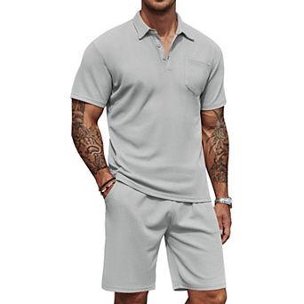 COOFANDY Men's Waffle Knit Polo Shirt and Shorts Set 2 pc Outfits Summer Suit Casual Tracksuit