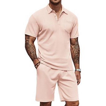COOFANDY Men's Waffle Knit Polo Shirt and Shorts Set 2 pc Outfits Summer Suit Casual Tracksuit